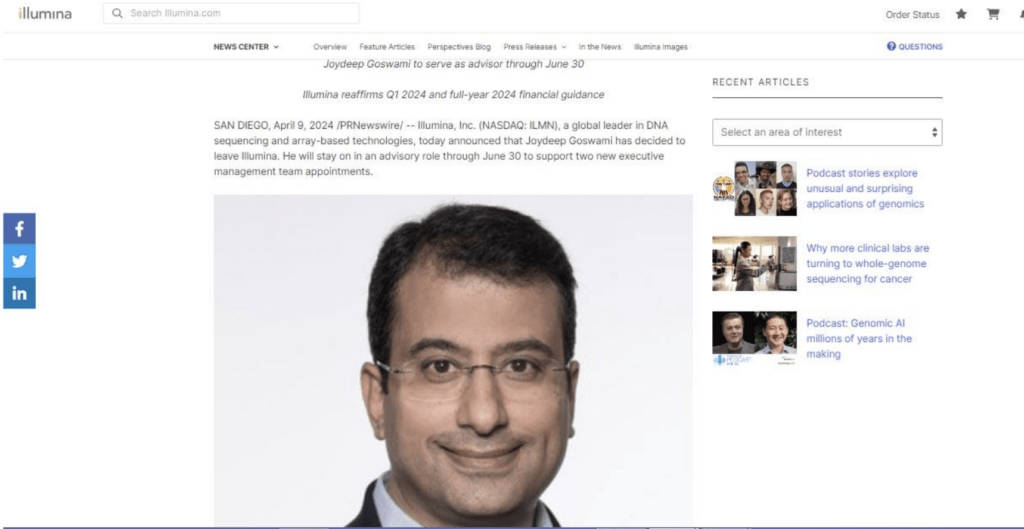 how Illumina gives context by featuring the picture of its new appointee, Joydeep Goswami, prominently in the event press release.